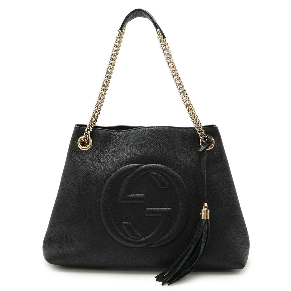 Gucci Soho Interlocking G Fringe Tote Bag Chain Shoulder Strap Leather Black